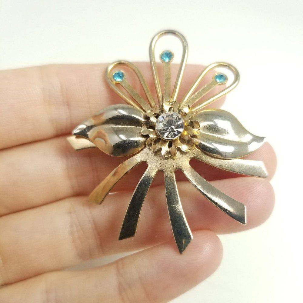 Vintage Retro Gold Tone Rhinestone Brooch, 50s 60s Style, Blue, Abstract